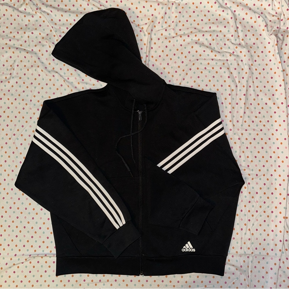 Adidas Women’s Black Full Zip Hoodie - Size Large, Classic Three Stripe